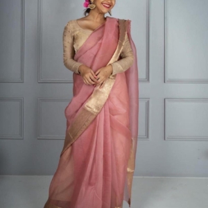Baby Pink Color Designer Organza Saree | Organza Woven Border Saree | Beautiful Soft Nylon Organza Jacquard Saree | Running Blouse